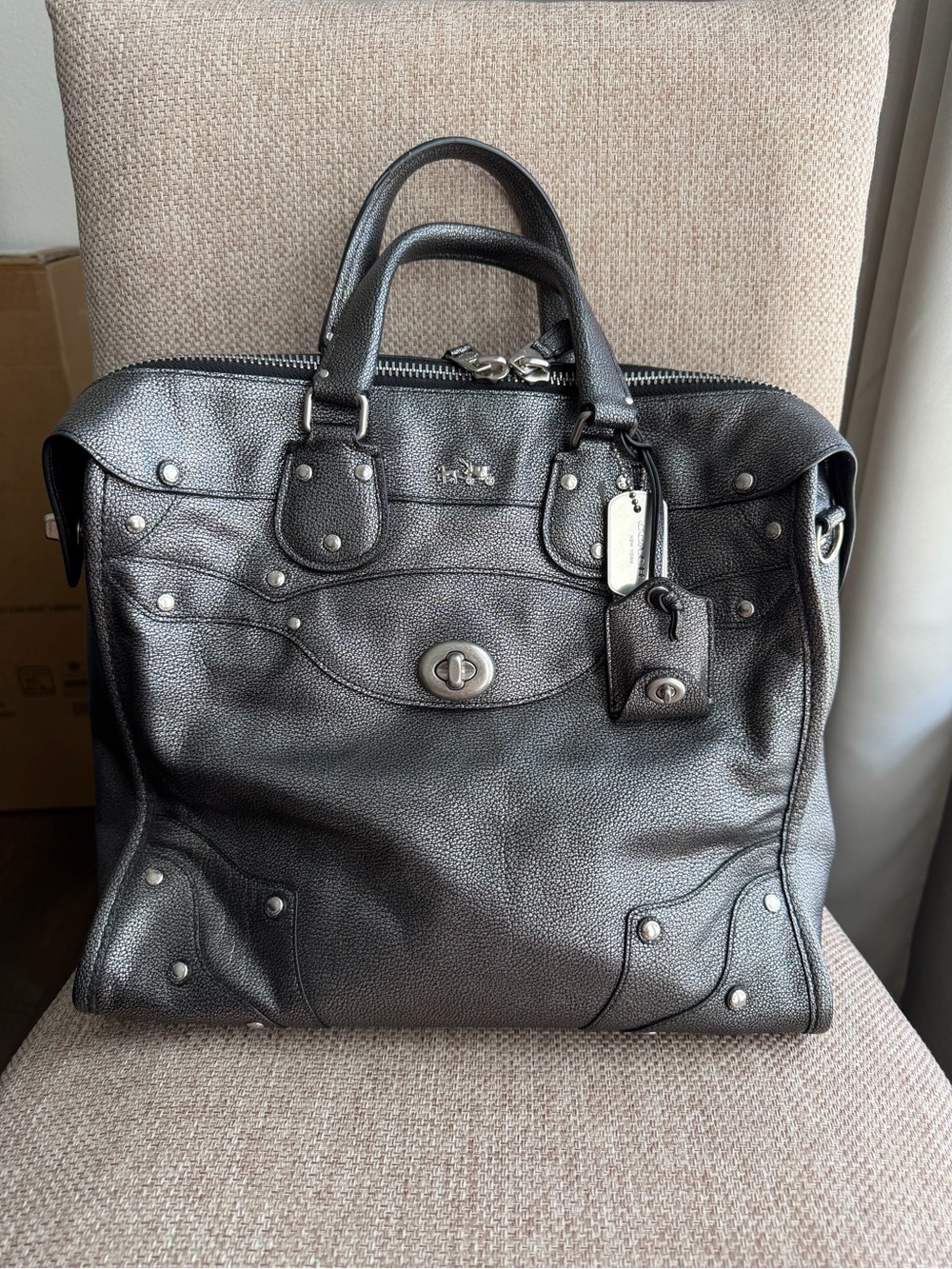 Coach Rhyder 33 Metallic Silver Studded Leather Satchel Handbag